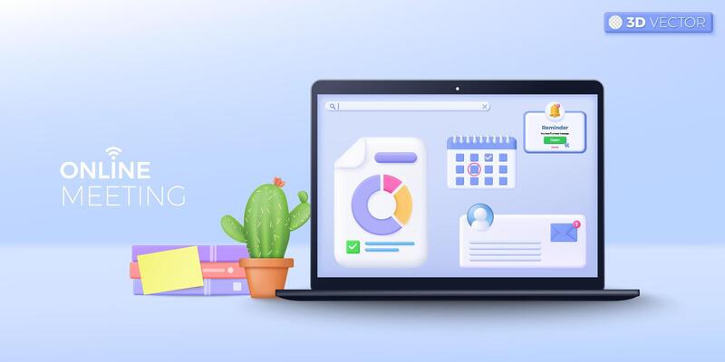 3d online meeting icon symbol. Notebook computer, stacks of book, Graph, reminder, Notification bell, calendar, online conference concept. 3D vector isolated illustration, Cartoon pastel Minimal style