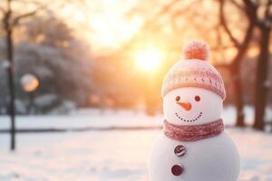 AI Generated Christmas winter smiling happy snowman frosty snow new year celebration holiday cute decoration greeting december eve face funny white snowball with scarf hat carrot xmas festivity shiny photo