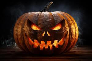 AI Generated Happy Halloween party Jack O Lantern orange pumpkin scary spooky creepy carving evil smile angry face glowing. Trick treat holiday dark mysterious night eerie horror October nightmare photo