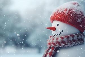 AI Generated Christmas winter smiling happy snowman frosty snow new year celebration holiday cute decoration greeting december eve face funny white snowball with scarf hat carrot xmas festivity shiny photo