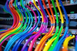 AI Generated Colorful optic fiber electrical cables wires neon waves lines abstract 3d ai design background pattern glow colored streams information optical connection internet web multicolor data led photo