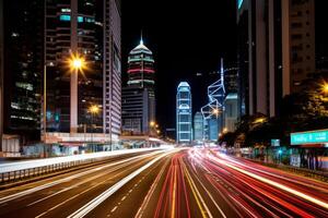 AI Generated Night city traffic blurred cars long exposure lights evening highway lane movement fast transit car motion auto illuminated vehicle transportation street high speed light trails abstract photo