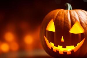 AI Generated Happy Halloween party Jack O Lantern orange pumpkin scary spooky creepy carving evil smile angry face glowing. Trick treat holiday dark mysterious night eerie horror October nightmare photo
