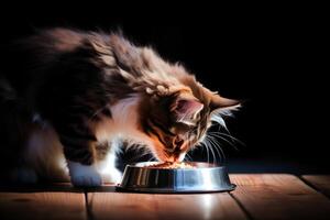 AI Generated Adorable little cute fluffy purebred hungry cat kitty eating food from bowl filled dry wet cat food pet owner feeding in kitchen. Domestic animal life health care love veterinary on black photo