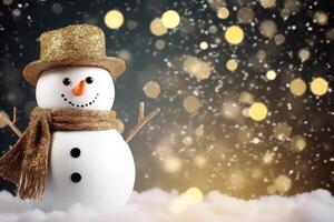 AI Generated Christmas winter smiling happy snowman frosty snow new year celebration holiday cute decoration greeting december eve face funny white snowball with scarf hat carrot xmas festivity shiny photo