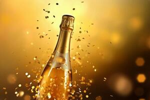 AI Generated Creative Christmas New Year blurred background golden glittering shiny champagne sparkling wine alcohol bottle confetti holidays celebration. Party anniversary cheering greeting photo