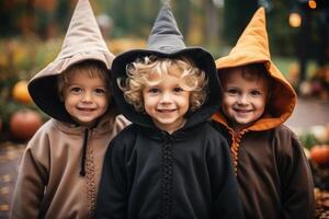 ai generado retrato grupo alegre gracioso niñito niños pequeño linda niños Niños muchachas amigos vestidos loco bruja escalofriante disfraces posando contento Víspera de Todos los Santos fiesta calabazas truco tratar noche al aire libre foto