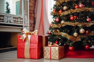 ai generado muchos diferente diverso vistoso brillante resplandor pila envuelto regalo cajas regalos cerca decorado Navidad árbol piso. antecedentes decoraciones saludo Días festivos nuevo año Navidad víspera festivo foto