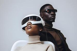 AI generated Stylish guy and girl in futuristic glasses, studio shot. photo