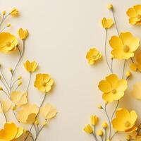 AI generated Flowers composition. flowers on yellow background. Spring, summer concept. Flat lay, top view, copy space. photo