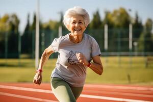 AI generated Happy elderly woman running in the stadium. Attractive looking mature woman keeping fit and healthy. Retired people and sports. Active old woman. photo