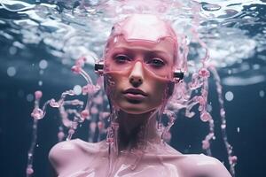 AI generated Underwater woman portrait in swimming pool. photo