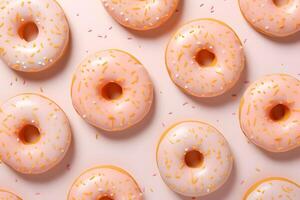 AI generated Seamless pattern of striped pink donuts on a peach-colored background. The minimal concept of popular baking. photo