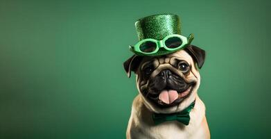 AI generated St. Patrick's Day. Pug dog in a leprechaun hat on a green background. St Patricks day pug puppy dog sitting down with green top hat. Copy space. photo