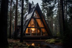 AI generated Modern A-frame house cabin in middle of a forest in the night. photo