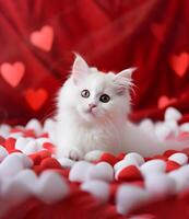 AI generated Happy kitten hugs a red heart and sleeps on a red satin bedding. Valentines day concept. photo