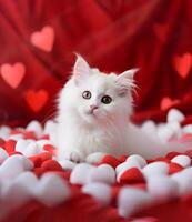 ai generado contento gatito abrazos un rojo corazón y duerme en un rojo satín lecho. san valentin día concepto. foto