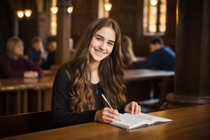 AI Generated Female student young woman girl at table sit in class university high school college classroom during lesson lecture education studies study learning listening teacher professor teen photo