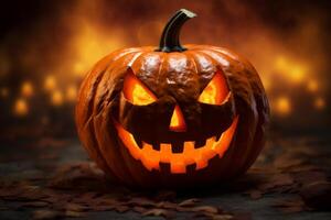 AI Generated Happy Halloween party Jack O Lantern orange pumpkin scary spooky creepy carving evil smile angry face glowing. Trick treat holiday dark mysterious night eerie horror October nightmare photo