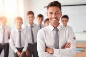 ai generado contento alegre profesor grupo niños Niños Niños de escuela alumnos estudiantes sonriente en pie juntos retrato. moderno elemental colegio clase lección estudiar aprender desconectado educación Reconocimiento foto