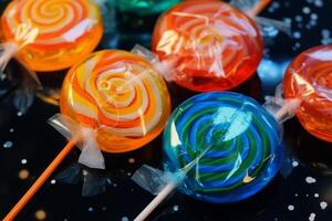 AI Generated Many diverse different colorful mix round striped swirl lollipops stick candy sweets in wrapper party Happy Birthday holidays Christmas New Year invitation festive dessert kids children photo