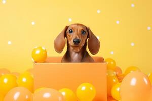 AI Generated Close up portrait cute little adorable pedigree miniature Dachshund puppy hunting dog doggy positive curious expression gift box present Merry Christmas Xmas holidays Happy New Year photo
