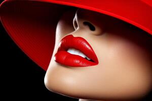 AI Generated Close-up beautiful attractive glamorous trendy lips female girl pretty woman applying bright color fashion red lipstick professional make-up. Mysterious face hidden creative look lip photo