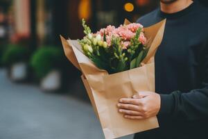 AI Generated Delivery employee person courier man male hands holding groceries paper bags bouquet beautiful fresh flowers outdoors. Bearer fast safe ordering service deliveryman shopping online photo