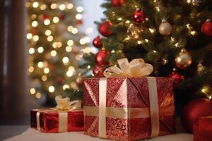 ai generado muchos diferente diverso vistoso brillante resplandor pila envuelto regalo cajas regalos cerca decorado Navidad árbol piso. antecedentes decoraciones saludo Días festivos nuevo año Navidad víspera festivo foto