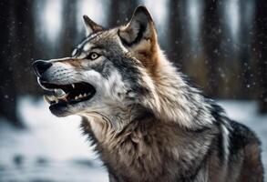 AI generated Close-up of the grin of an evil wolf on a white background. photo