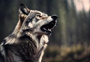 ai generado siniestro lobo cambiador con rojo ojos en melancólico noche bosque envuelto en neblina, de miedo hombre-lobo mueca en ominoso oscuro bosque Listo para ataque víctima, mal hombre-lobo cazador con rojo ojos foto