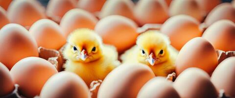 AI generated Little cute baby chicks in a bucket, playing at home, yellow newborn baby chicks photo