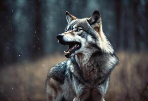 AI generated Sinister wolf shifter with red eyes in gloomy night forest shrouded in mist, scary werewolf grin in ominous dark woods ready for attack victim, evil werewolf hunter with red eyes photo