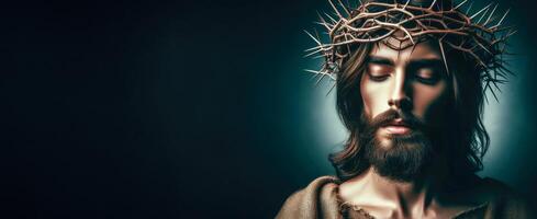 AI generated Jesus Christ wearing a crown of thorns, medium shot portrait in a foggy cloud, banner illustration with copy space. Concept for the religious holiday of Easter photo