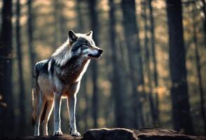 ai generado siniestro lobo cambiador con rojo ojos en melancólico noche bosque envuelto en neblina, de miedo hombre-lobo mueca en ominoso oscuro bosque Listo para ataque víctima, mal hombre-lobo cazador con rojo ojos foto