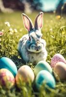 AI generated Easter bunny hides behind blades of grass with an Easter basket and Easter eggs at Easter time photo