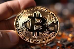 AI Generated Hand holding bitcoin crypto coin cryptocurrency digital money investment golden blockchain symbol virtual cash exchange market savings trade pay commerce stock altcoin future concept photo