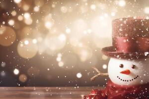 AI Generated Christmas winter smiling happy snowman frosty snow new year celebration holiday cute decoration greeting december eve face funny white snowball with scarf hat carrot xmas festivity shiny photo