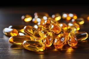 AI Generated Fish oil omega-3 vitamin pills healthy vital capsules pharmaceutical medicine omega supplement oil nutriment nutrient dietary capsule pill shells meds medicine healthcare treatment photo