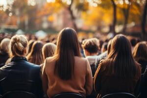 ai generado diverso grupo espaldas de joven personas sentado al aire libre hombre mujer estudiantes escuchando altavoz acecho presentación conferencia cine concierto. negocio educación aprendizaje estudiar foto