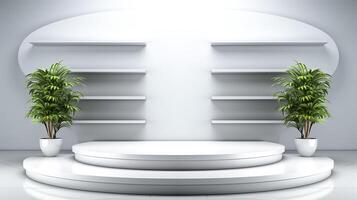 AI generated Modern product display podium with elegant shelves and decorative plants in a sleek design. photo