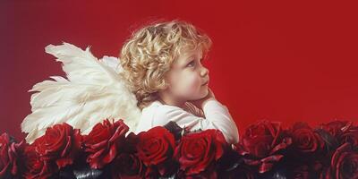 ai generado bandera pelo rizado niño en ángel alas contemplando en medio de rojo rosas en vibrante antecedentes foto