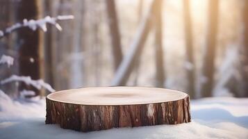 AI generated Stump podium on snowy forest backdrop, ideal for product display, rustic weddings, and nature-themed events. photo