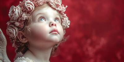 AI generated Banner Child angel with rose headband gazing upward on red photo