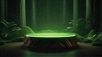 AI generated Elevated product display with green LED lighting in a mystical forest setting, ideal for showcasing premium items. photo