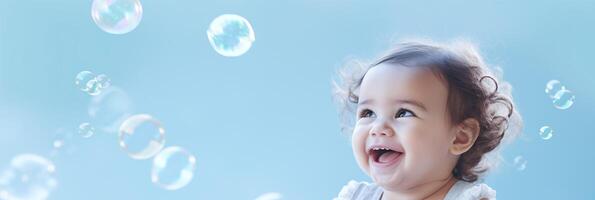 AI generated Happy toddler with bubbles, joyous child portrait, playful baby outdoor photo