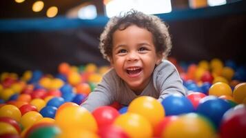 AI generated Happy toddler playing in colorful ball pit, joyful child in play area, indoor fun for kids, preschooler laughing in ball pool photo