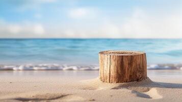 AI generated Beachfront wooden stump podium on sandy shore for product display, serene sea background, ideal for natural product showcase. photo