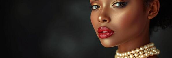 AI generated Banner Chic African American model with red lipstick and glossy skin wearing a multi-strand pearl necklace. photo