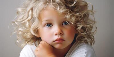ai generado retrato de pensativo niño con Rizado rubia pelo y azul ojos, inocente y pensativo foto